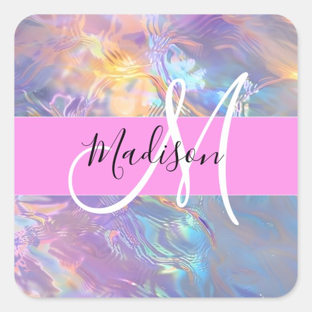 Mädchenrosa Holografisch Iridescent Monogram Name Quadratischer Aufkleber (Vorderseite)
