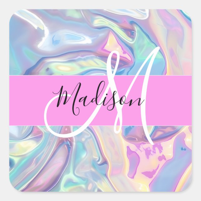Mädchenrosa Holografisch Iridescent Monogram Name Quadratischer Aufkleber (Vorderseite)
