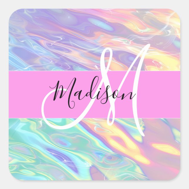Mädchenrosa Holografisch Iridescent Monogram Name Quadratischer Aufkleber (Vorderseite)