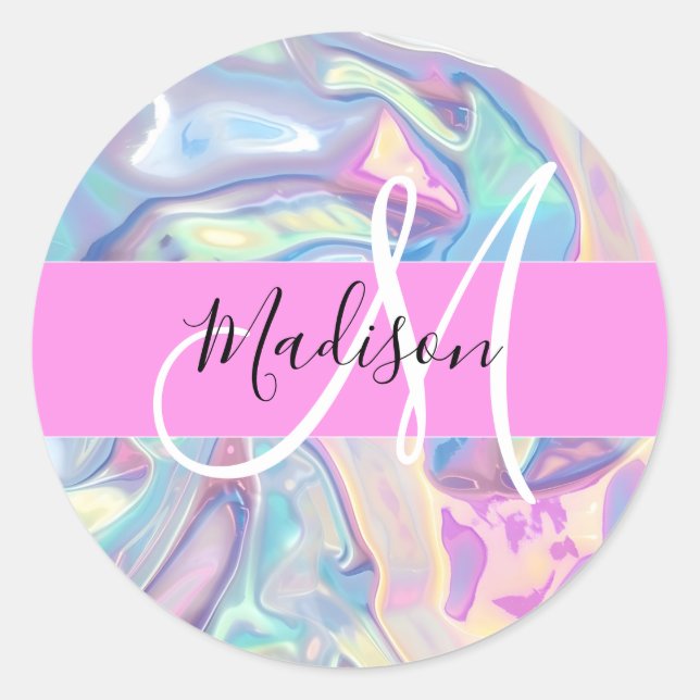 Mädchenrosa Holografisch Iridescent Monogram Name Runder Aufkleber (Vorderseite)