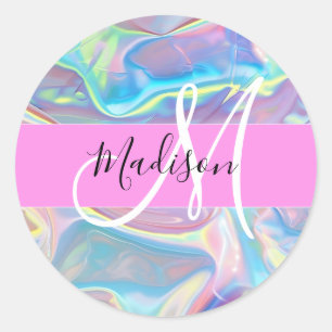 Mädchenrosa Holografisch Iridescent Monogram Name Runder Aufkleber