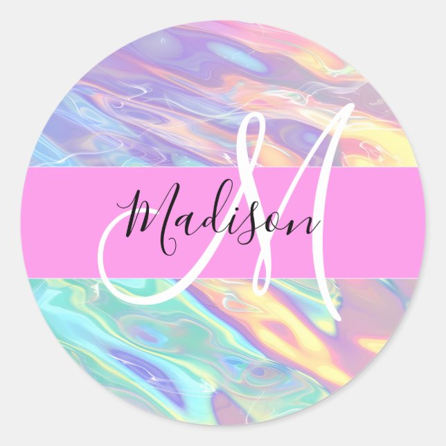 Mädchenrosa Holografisch Iridescent Monogram Name Runder Aufkleber (Vorderseite)