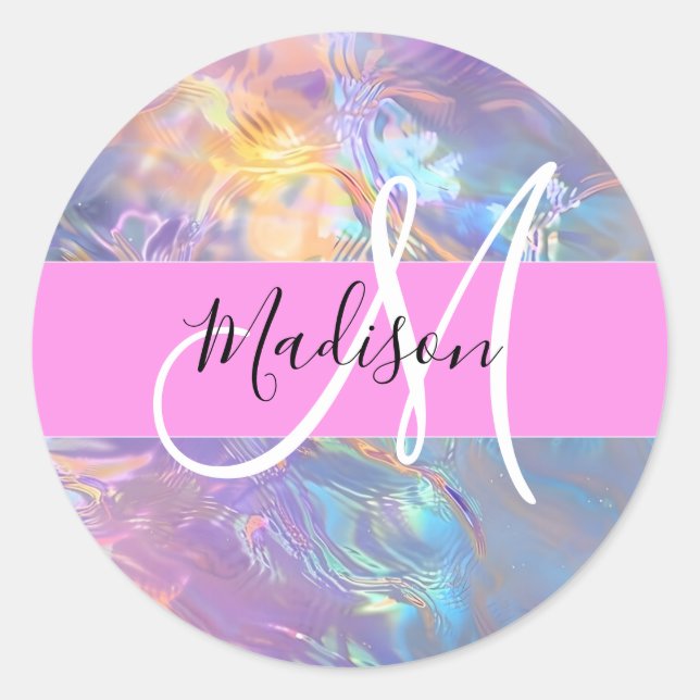 Mädchenrosa Holografisch Iridescent Monogram Name Runder Aufkleber (Vorderseite)
