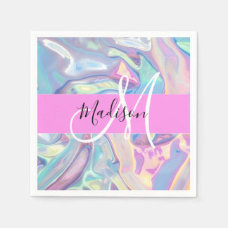 Mädchenrosa Holografisch Iridescent Monogram Name Serviette