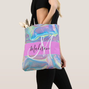 Mädchenrosa Holografisch Iridescent Monogram Name Tasche