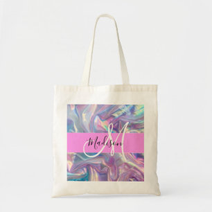 Mädchenrosa Holografisch Iridescent Monogram Name Tragetasche