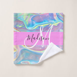 Mädchenrosa Holografisch Iridescent Monogram Name Waschlappen