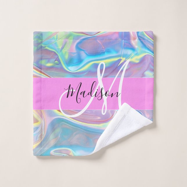 Mädchenrosa Holografisch Iridescent Monogram Name Waschlappen (Waschlappen)