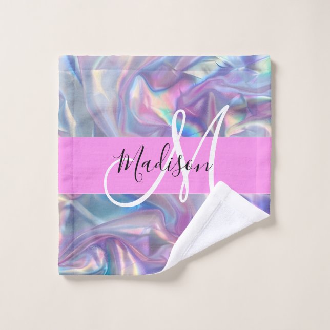 Mädchenrosa Holografisch Iridescent Monogram Name Waschlappen (Waschlappen)
