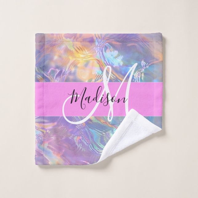 Mädchenrosa Holografisch Iridescent Monogram Name Waschlappen (Waschlappen)