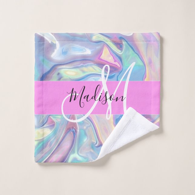 Mädchenrosa Holografisch Iridescent Monogram Name Waschlappen (Waschlappen)