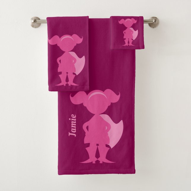 Mädchenrosa Superhero-Silhouette-personalisierte Badhandtuch Set (Insitu)