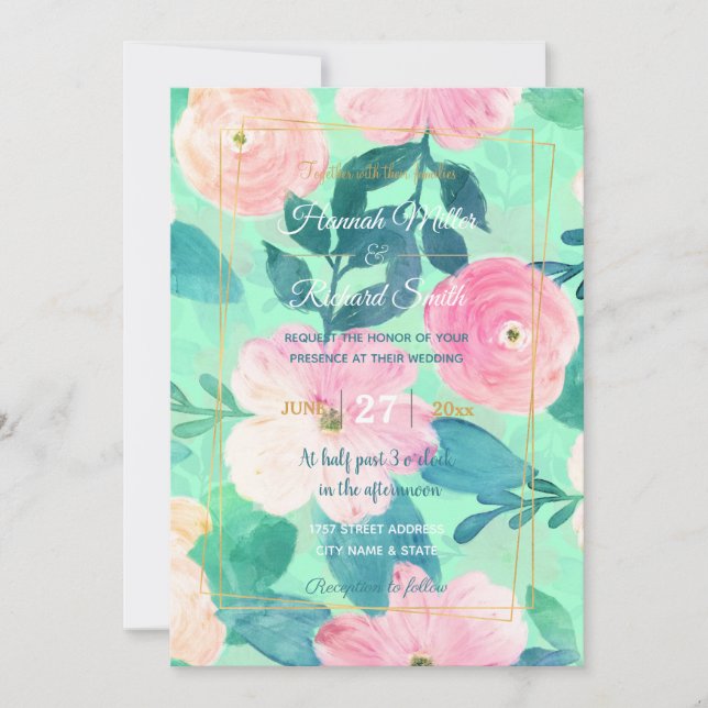 Mädchenrosa und Aquamarine Blumenhandmalerei Einladung (Vorderseite)