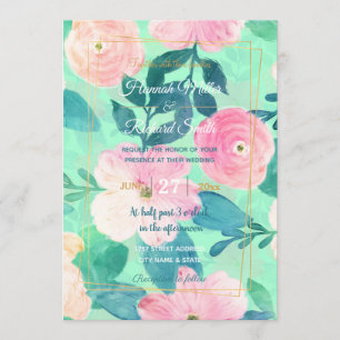 Mädchenrosa und Aquamarine Blumenhandmalerei Einladung
