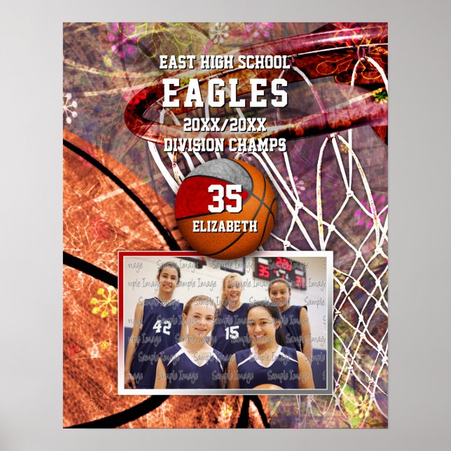 Mädchenrote Mannschaftsfarben Foto Basketball Poster (Vorne)
