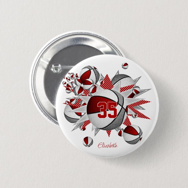 Mädchenroter Sportbasketball-Stars Button (Vorne & Hinten)