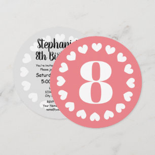 Mädchen's 8. Geburtstagsparty Coral rosa rundes He Einladung