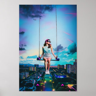 Mädchenschwungfahrt über der Synthwave-Stadt Poster