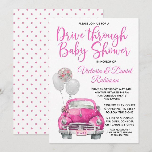 Mädchenstück durch Babyduschwagen Einladung (Vorne/Hinten)