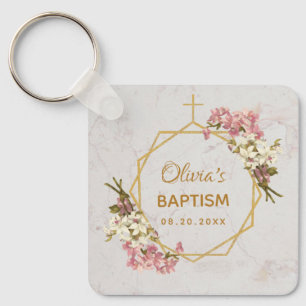 Mädchentaufe Floral Gold Marmor Rosa Orchideen Schlüsselanhänger