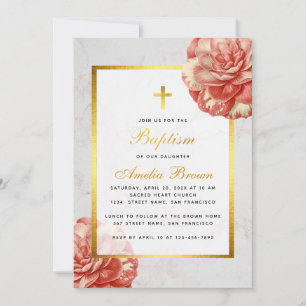 Mädchentaufe Floral Pink Camellia Faux-Goldmarmor Einladung