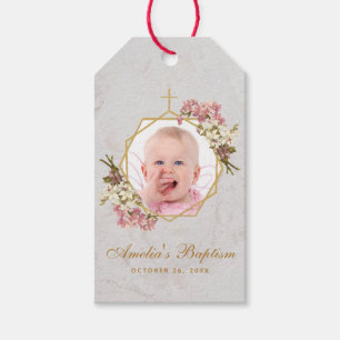Mädchentaufe Foto Gold Rosa Orchideen Floral Marmo Geschenkanhänger
