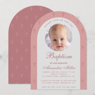 Mädchentaufe Foto Rosa Dusty Rose Bogen Modern Einladung