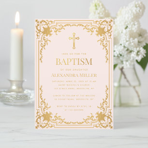 Mädchentaufe Rosa Faux-Gold Kreuz Vintage Elegant Einladung