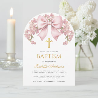 Mädchentaufe Rosa Schleife Floral Elegant Goldkreu Einladung