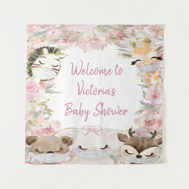 Mädchentiere mit Masken, Babydusche im Hintergrund Wandteppich (Vorderseite)