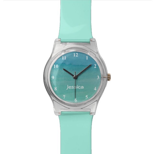 Mädchenuhraquablaue PastellAquarellmalerei Armbanduhr (Nahaufnahme)
