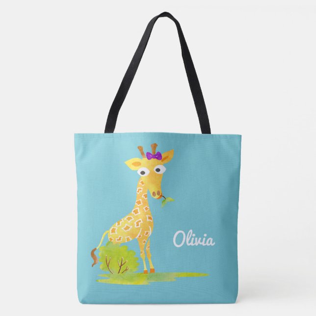 Mädchenwatercolor-Giraffen-personalisiertes blaues Tasche (Vorderseite)