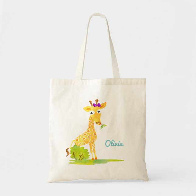 Mädchenwatercolor-Giraffen-personalisiertes süßes Tragetasche (Vorne)