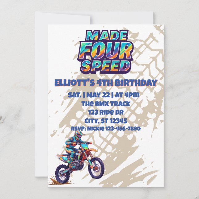 Made FOUR Speed, dirt bike 4th Birthday Einladung (Vorderseite)