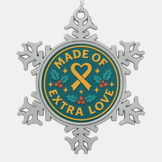 Made of Extra Love Emblem | Inclusive Christmas Schneeflocken Zinn-Ornament (Vorderseite)