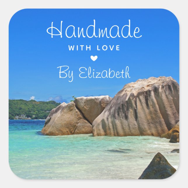 Made with Liebe Beautiful Tropical Sea Rocky Coast Quadratischer Aufkleber (Vorderseite)
