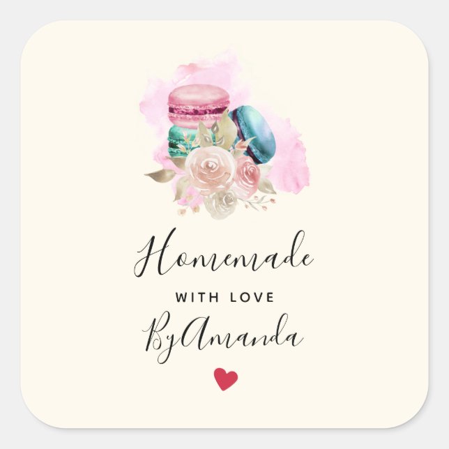 Made with Liebe Elegante Macarons in Wasserfarbe Quadratischer Aufkleber (Vorderseite)