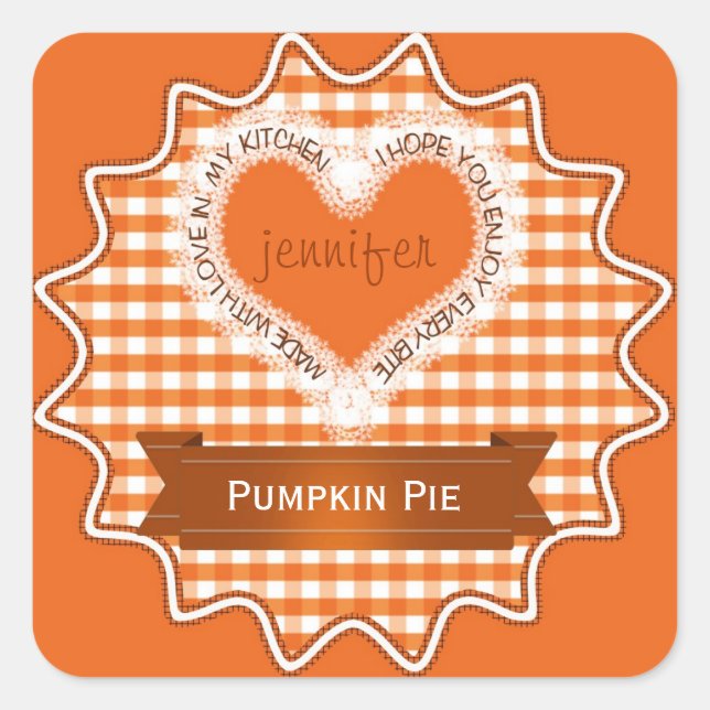 Made with Liebe Gingham Orange Quadratischer Aufkleber (Vorderseite)