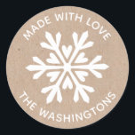Made with Liebe Kraft Christmas Snowflake Sticker<br><div class="desc">Ein Kraftpapier und ein weißer Schneeflockenaufkleber mit den Worten Made with Liebe. Personalisieren Sie es mit Ihrem Familiennamen. Spaß für die hausgemachten oder handgefertigten Weihnachtsnachbarn Leckereien und Geschenke,  oder für Ihr Handwerk. Entworfen für Sie von BlackBerry Boulevard.</div>