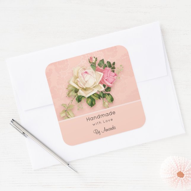 Made with Liebe Pink & White Rose Bouquet Quadratischer Aufkleber (Umschlag)