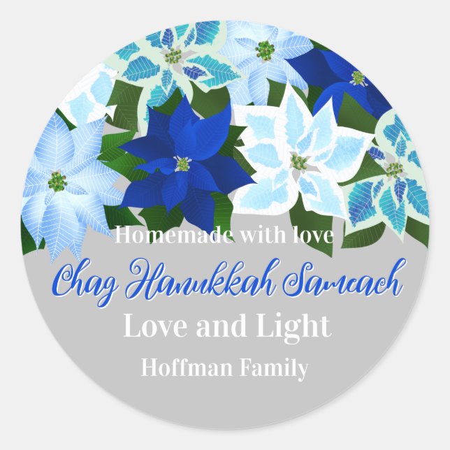 Made with Love - Blue Poinsettias Hanukkah Runder Aufkleber (Vorderseite)