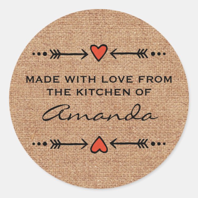 Made with Love Hearts Arrows Kitchen Burlap Runder Aufkleber (Vorderseite)