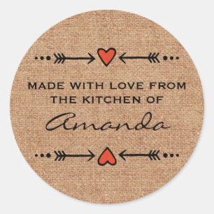 Made with Love Hearts Arrows Kitchen Burlap Runder Aufkleber