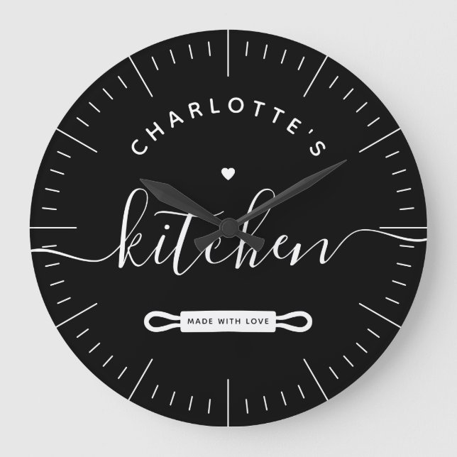 Made With Love Modern Black Custom Name Kitchen Große Wanduhr (Vorderseite)