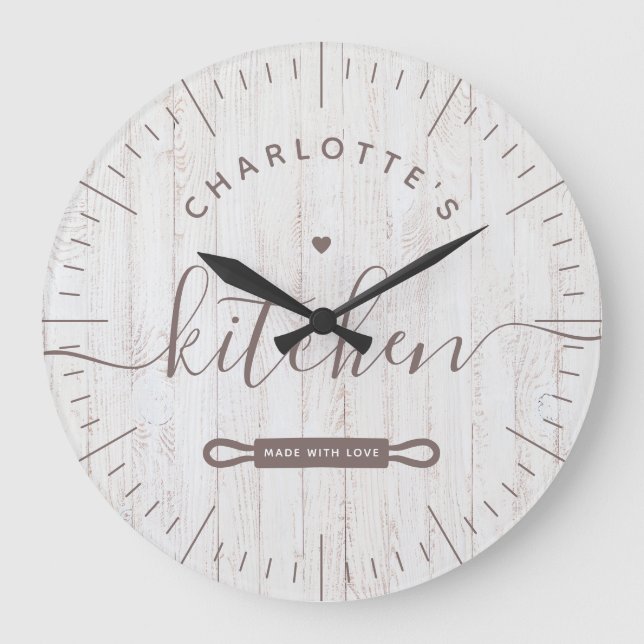 Made With Love Modern Chic White Grey Wood Kitchen Große Wanduhr (Vorderseite)