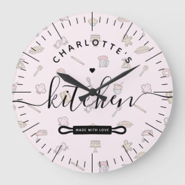 Made With Love Modern Pink Bakery Pattern Kitchen Große Wanduhr
