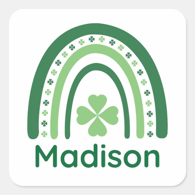 Madison Name Clover Boho Rainbow Quadratischer Aufkleber (Vorderseite)