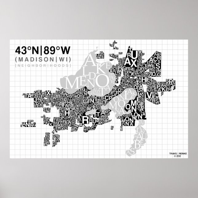 Madison Neighbhood Typografy Map - B&W Poster (Vorne)