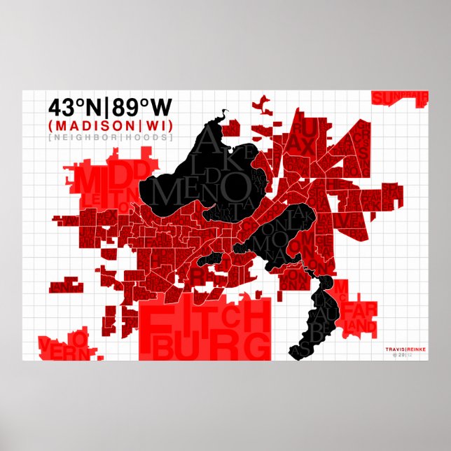 Madison Neighbhood Typografy Map - Rot Poster (Vorne)