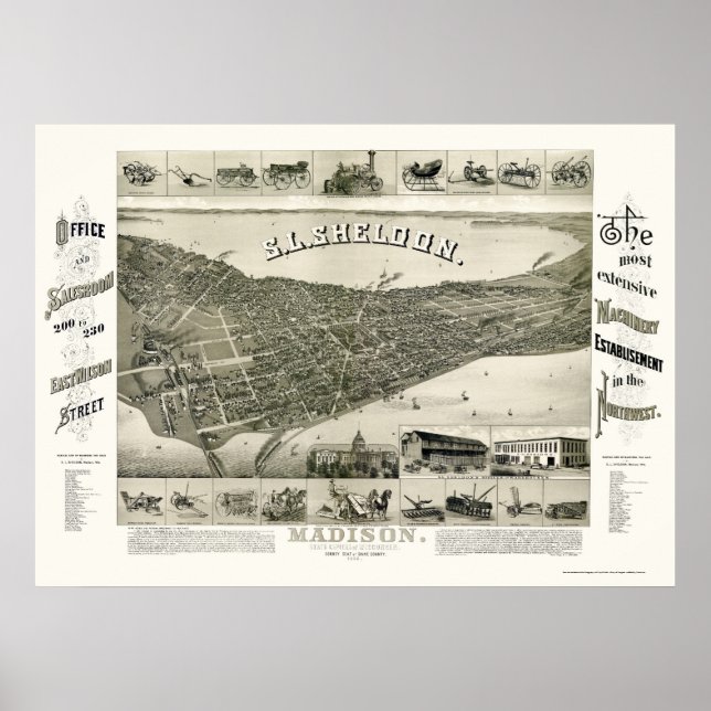 Madison, WI Panorama Karte - 1885 Poster (Vorne)